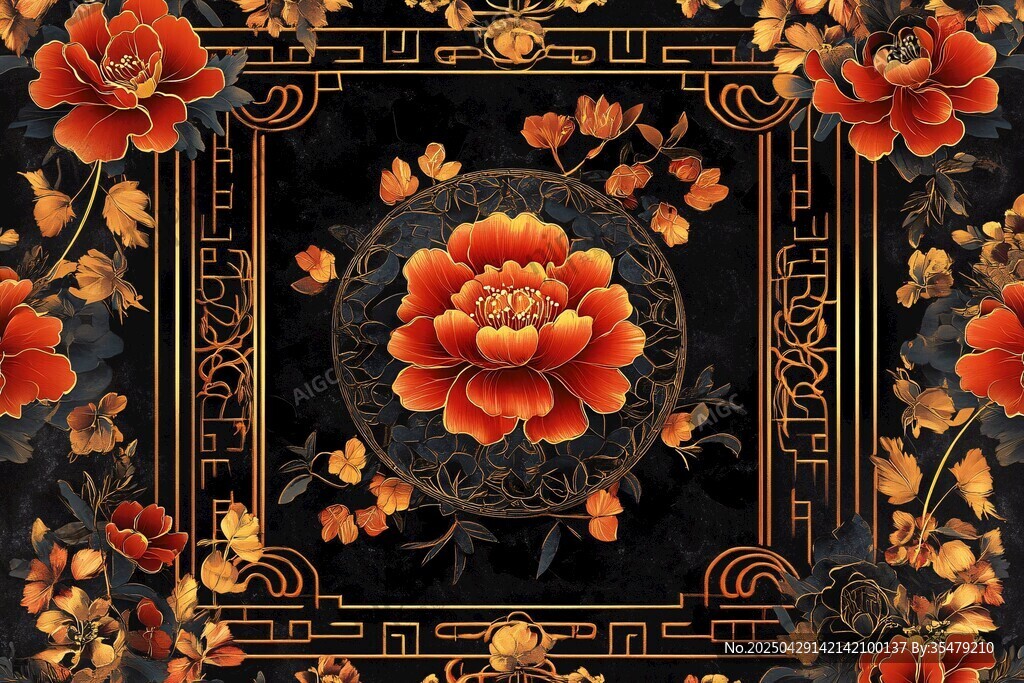 中式牡丹花紋飾華麗圖案