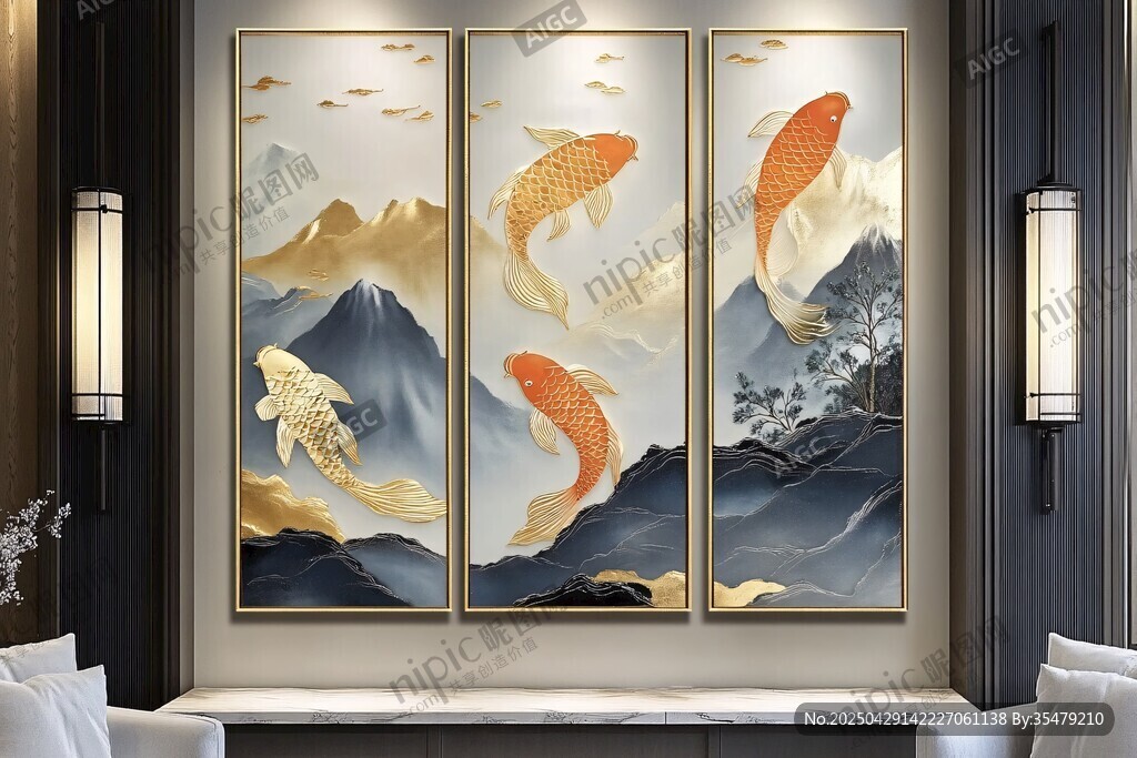 三聯錦鯉山水裝飾畫