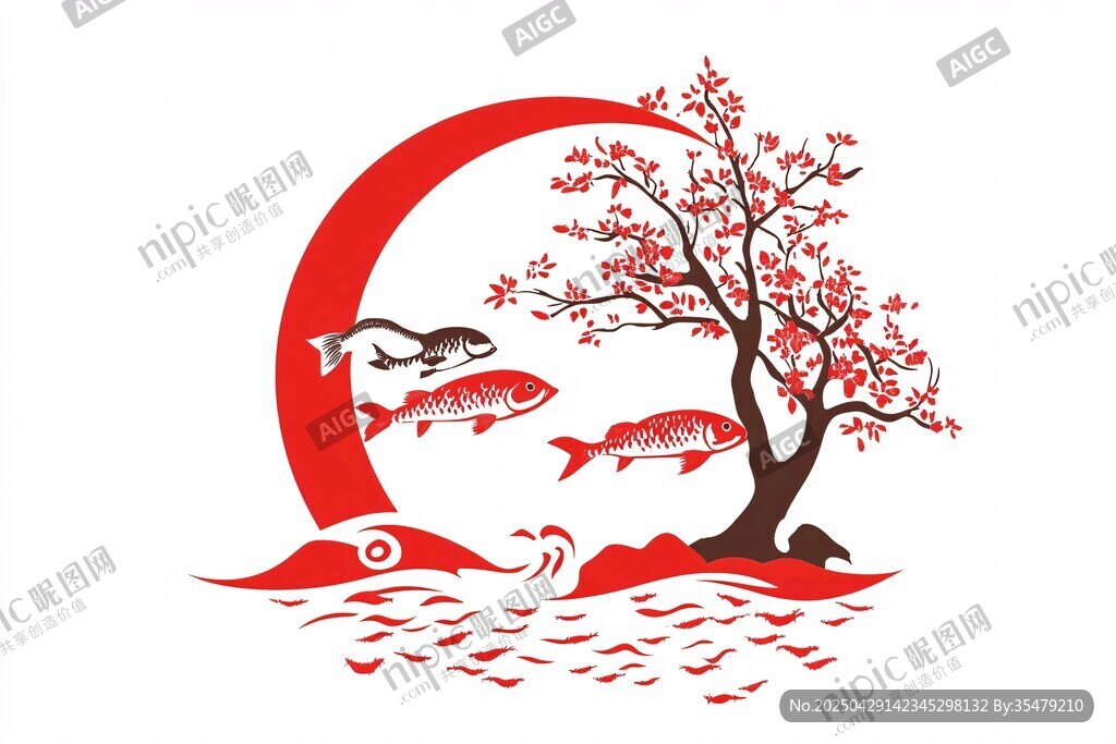紅月錦鯉樹影吉祥圖景
