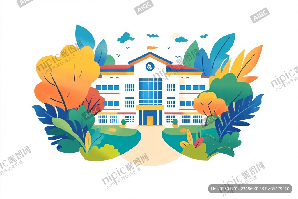 校園風(fēng)景插畫 多彩建筑綠植