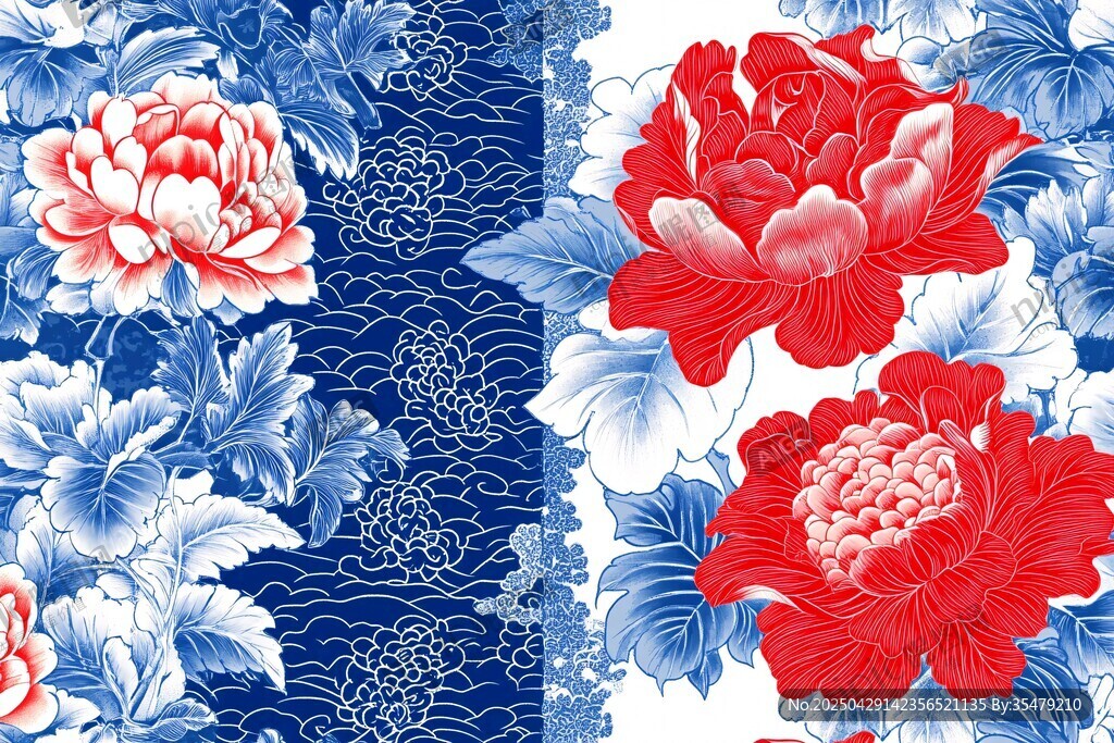 藍(lán)白紅牡丹中式精美圖案