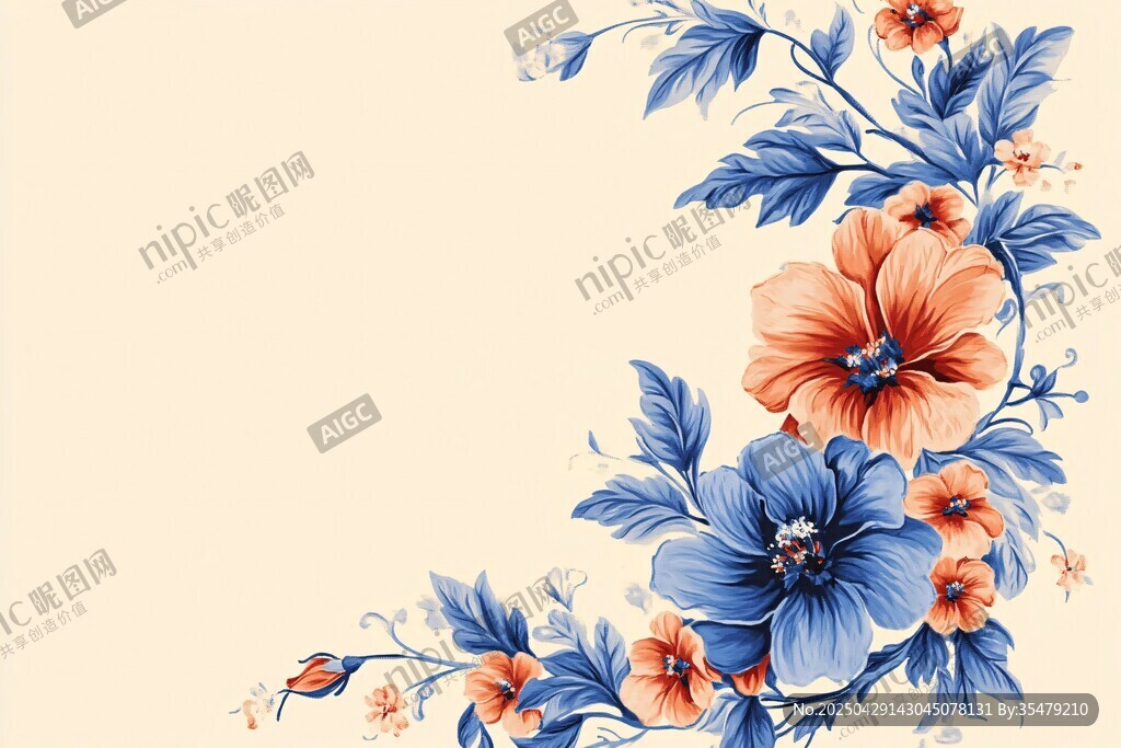 藍橙花卉裝飾角隅圖案
