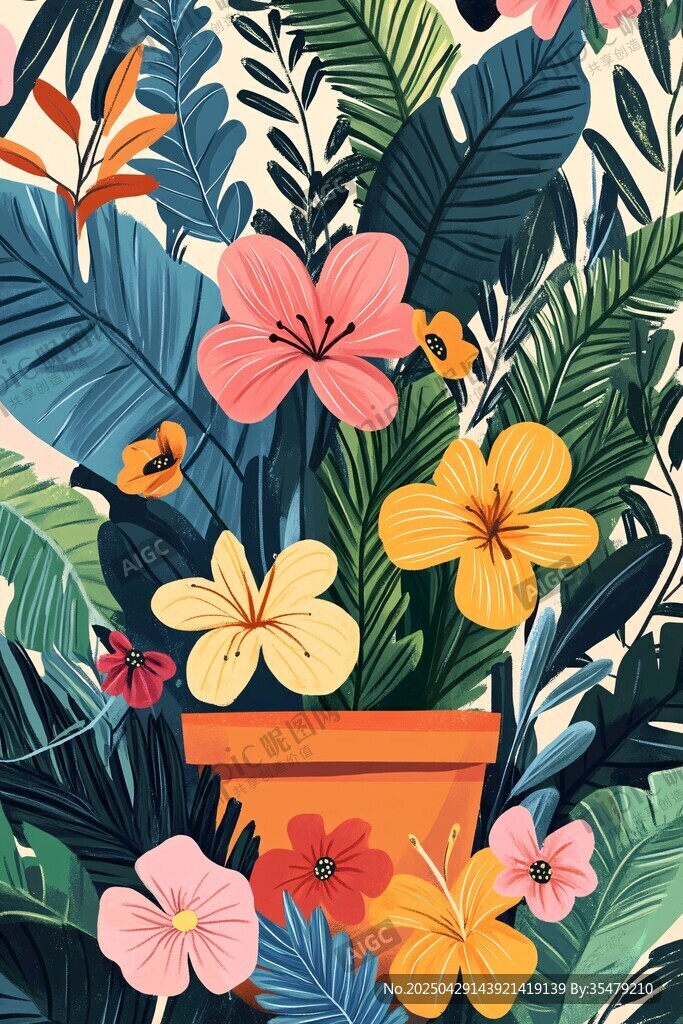 熱帶花卉盆栽插畫