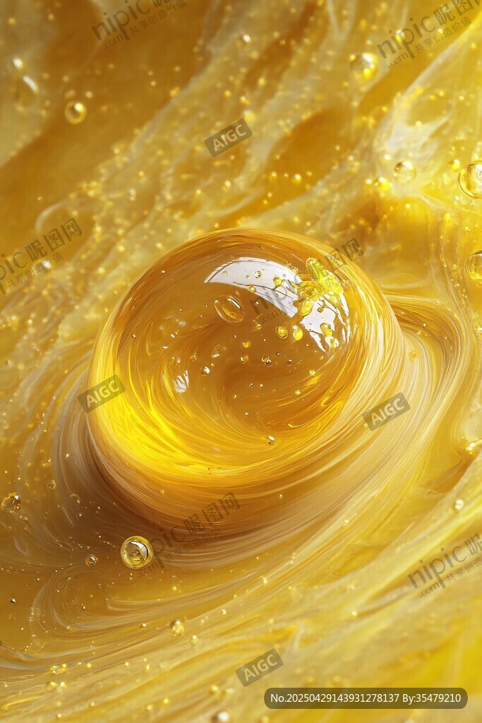 金黃液體中的閃耀水珠