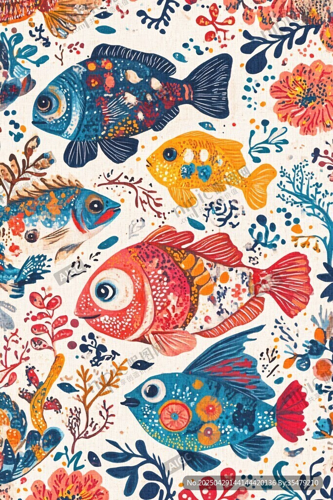 海洋風(fēng)多彩魚(yú)兒花卉圖案