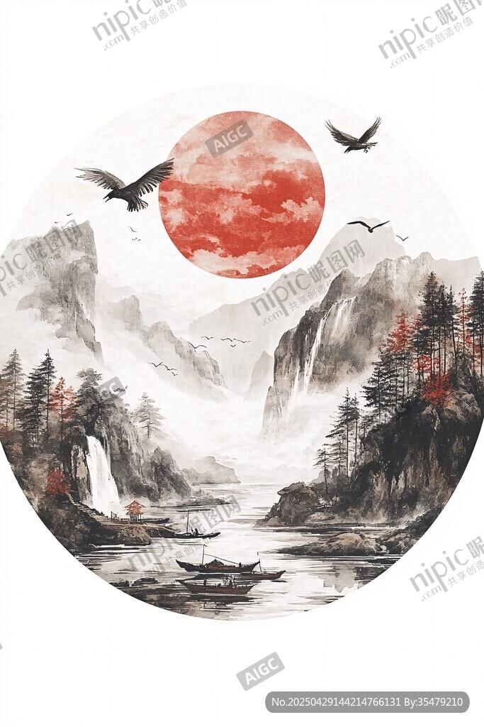 水墨山水紅日飛鳥圖景