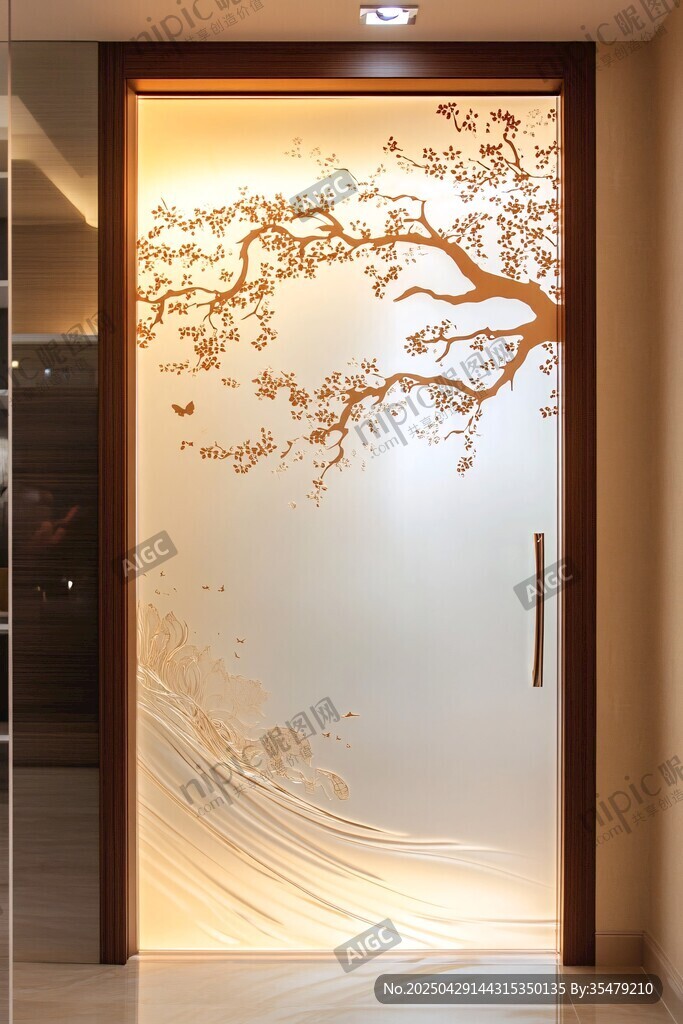 中式藝術玻璃門 雅致樹景