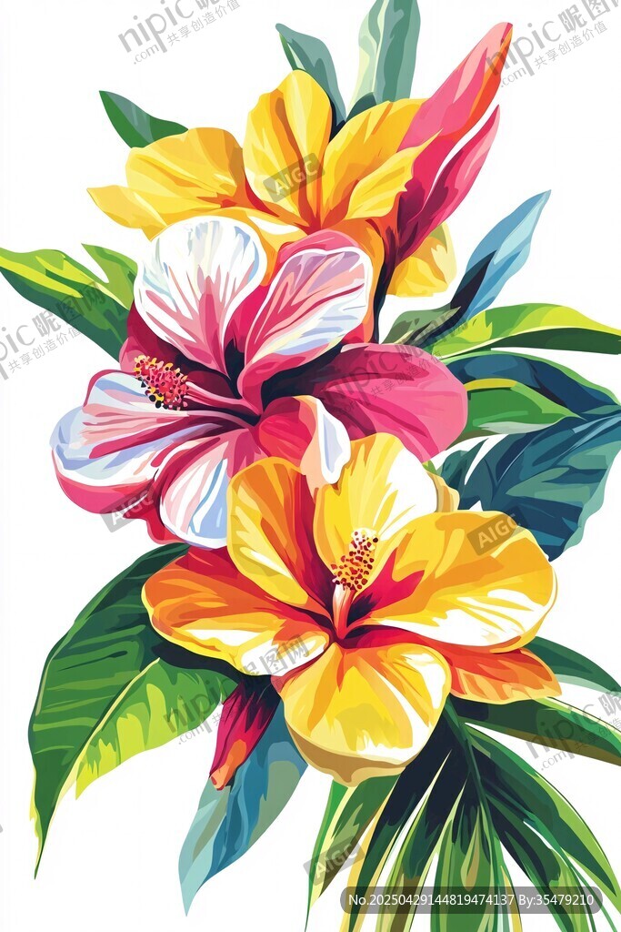 多彩扶桑花與綠葉插畫
