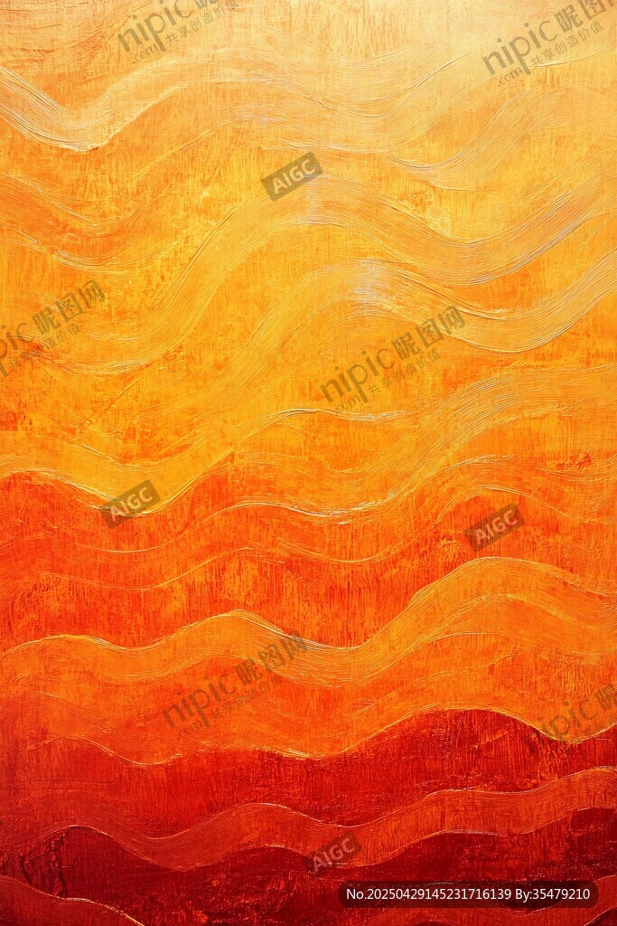 橙紅漸變抽象波浪畫作