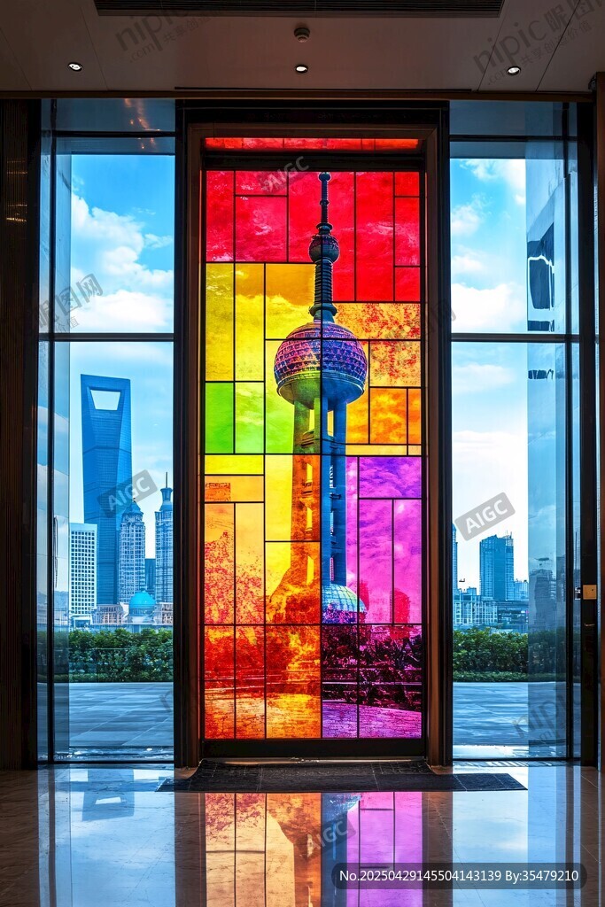 彩色玻璃中的東方明珠景觀