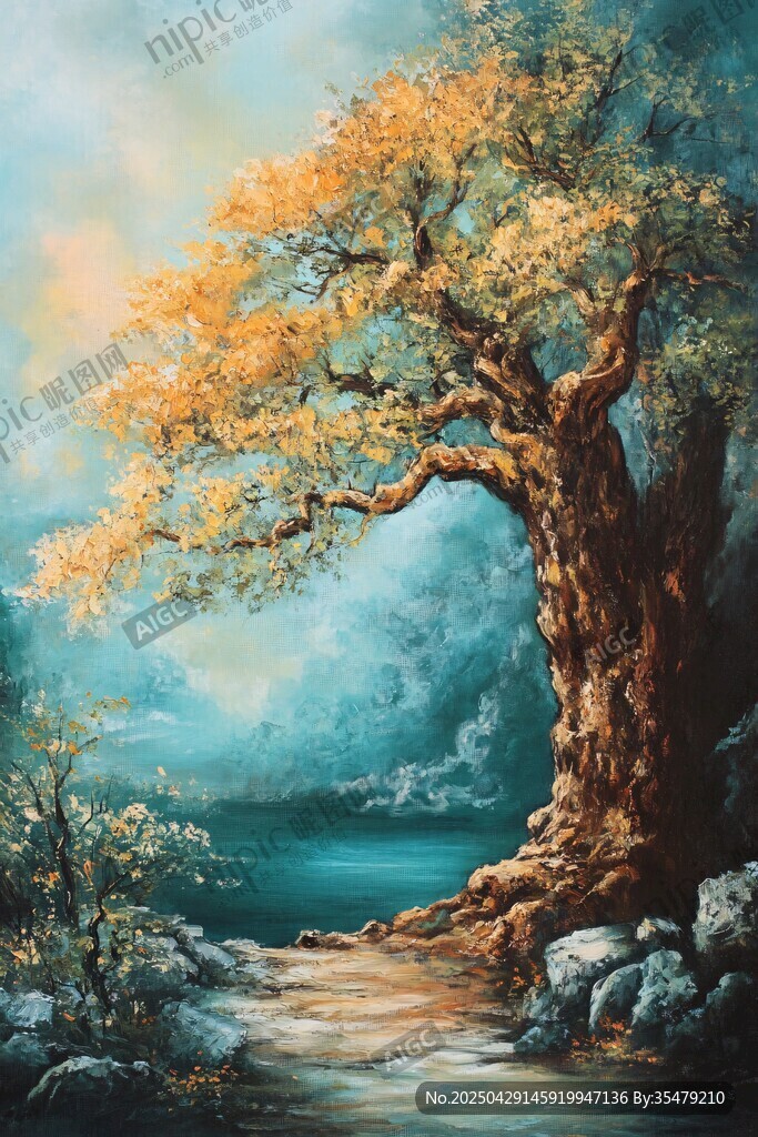湖畔古樹(shù)立于幽徑之景