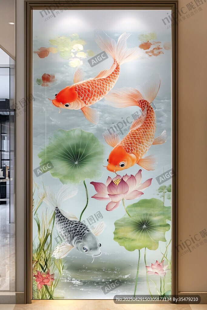 錦鯉荷花玄關(guān)藝術(shù)玻璃畫