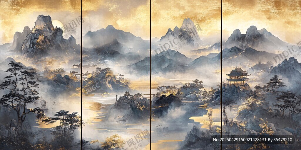 中式山水四聯(lián)畫意境悠遠(yuǎn)