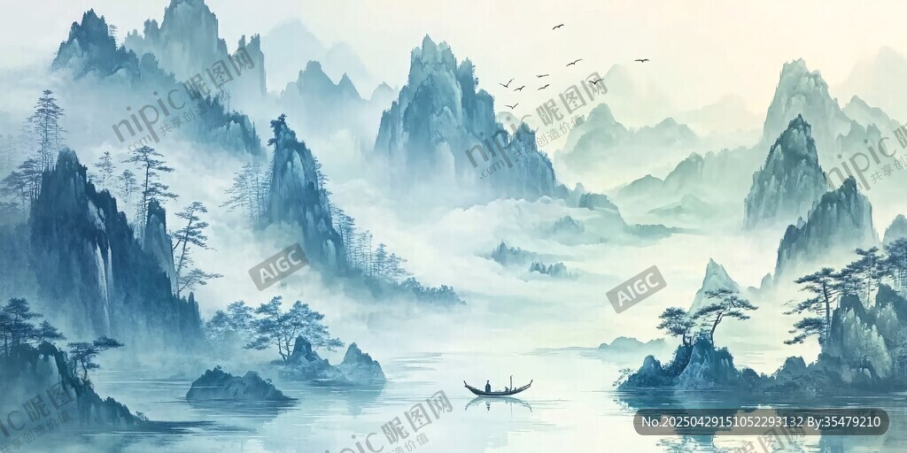 水墨山水間孤舟悠然行