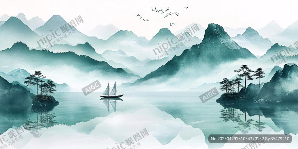 水墨山水間的孤舟美景