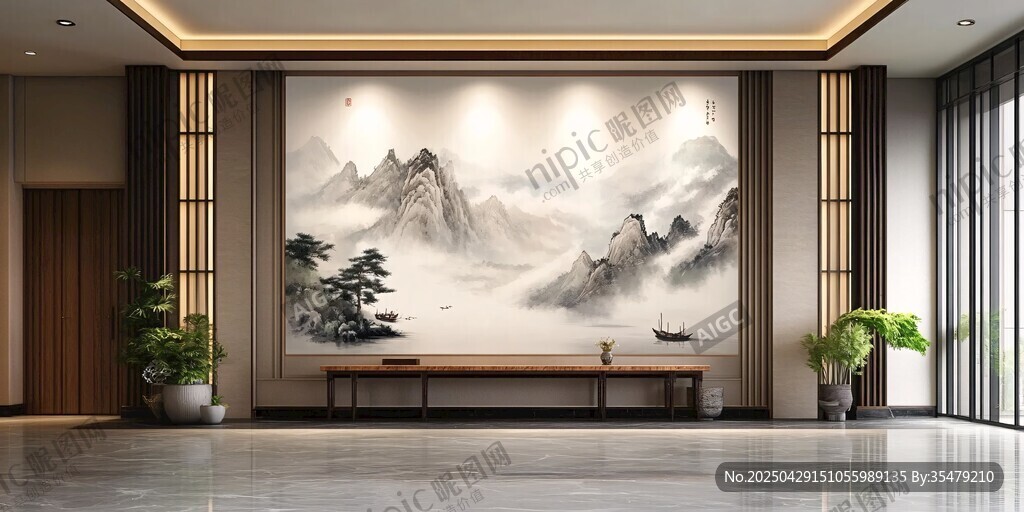 中式山水壁畫的雅致大廳