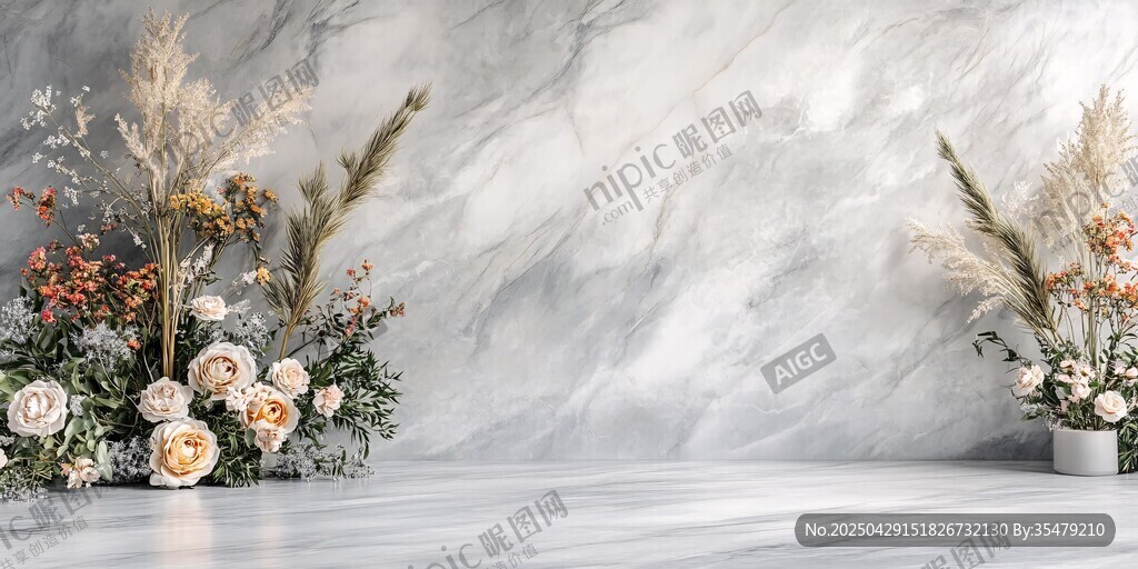 大理石背景的花卉裝飾場景