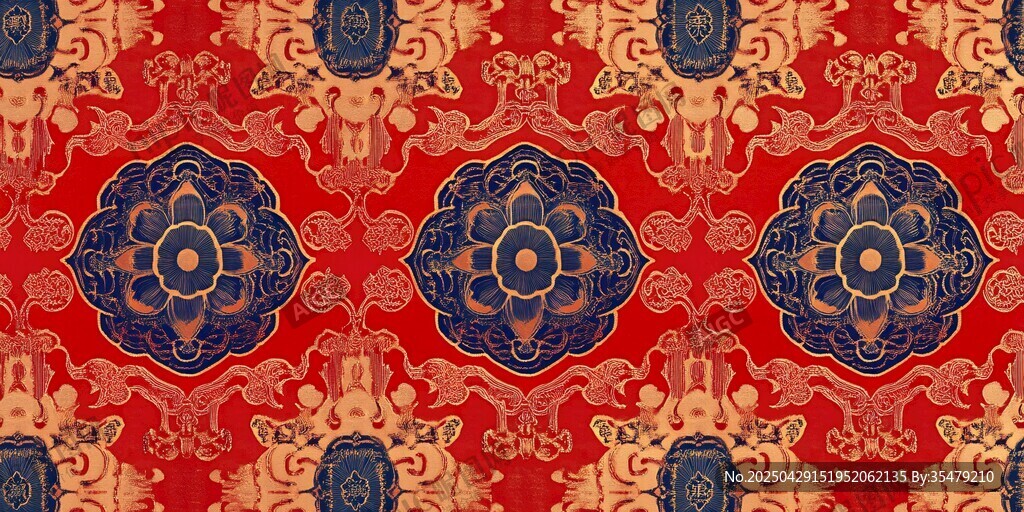 中式古典紅底藍(lán)金花紋圖案