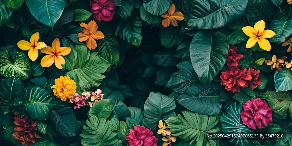 熱帶花卉與綠葉的美麗景致