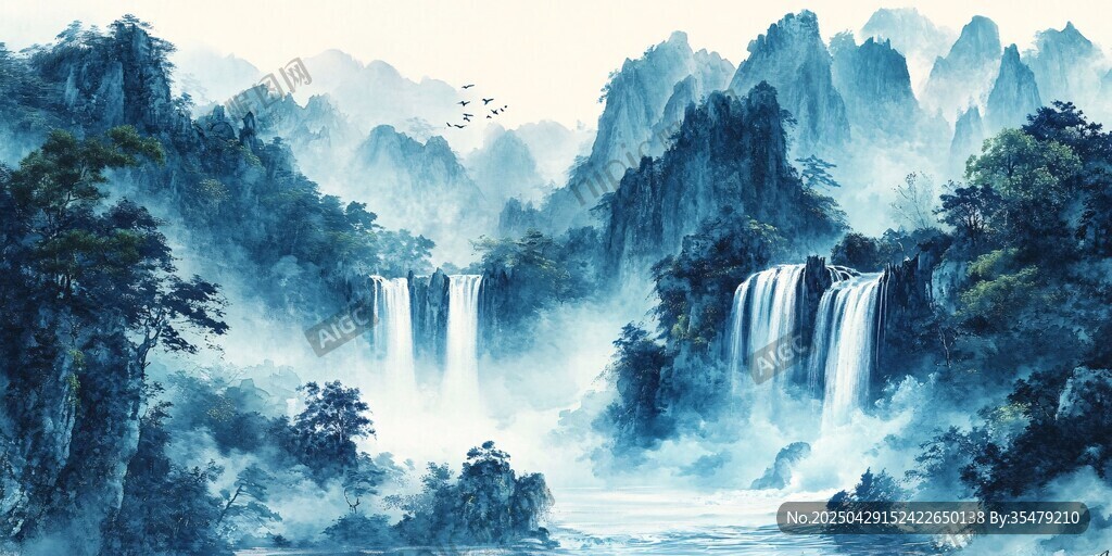 水墨山水間的壯麗瀑布景觀