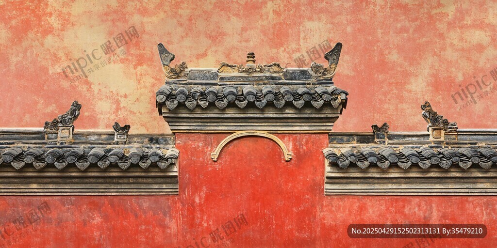 中式紅墻古建筑屋檐一角