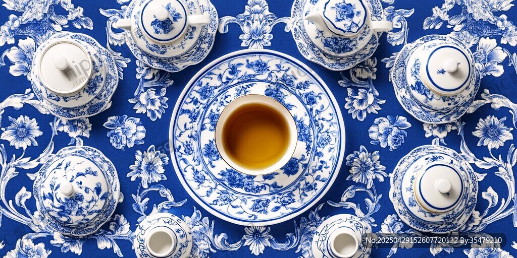 藍(lán)白青花瓷茶具優(yōu)雅呈現(xiàn)