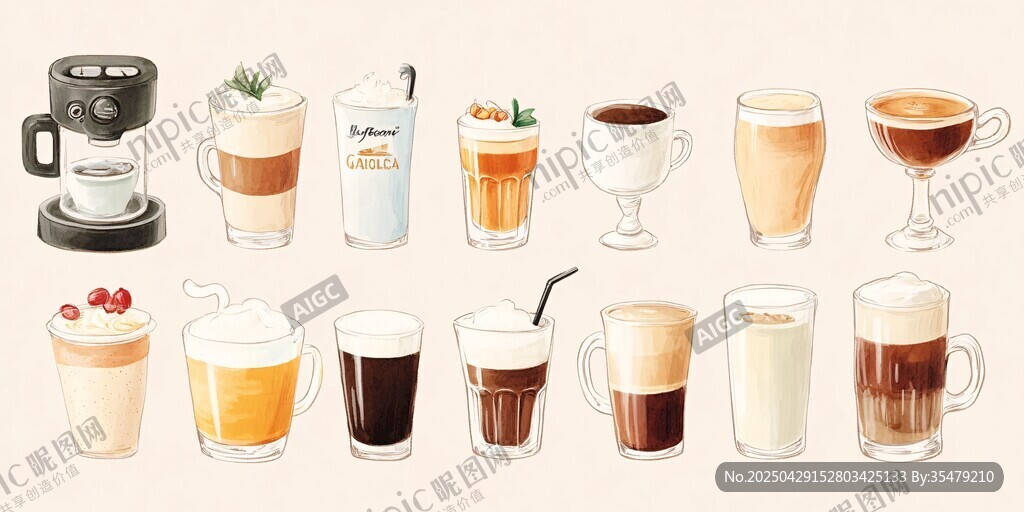 各式精美咖啡飲品插畫展示