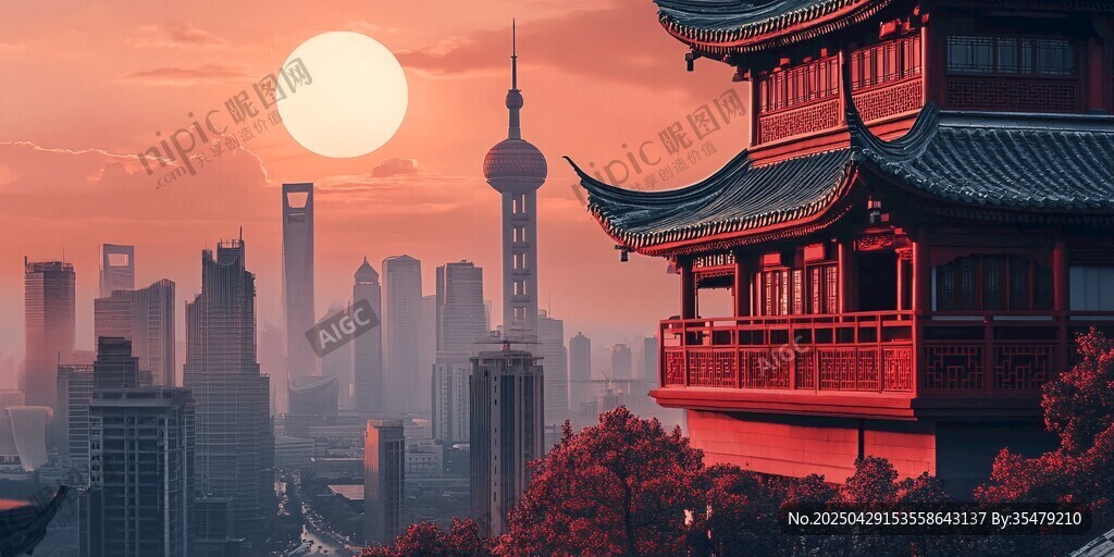 夕陽下的中式建筑與現代都市