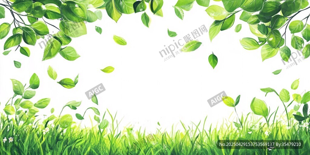 清新綠葉草地邊框背景圖