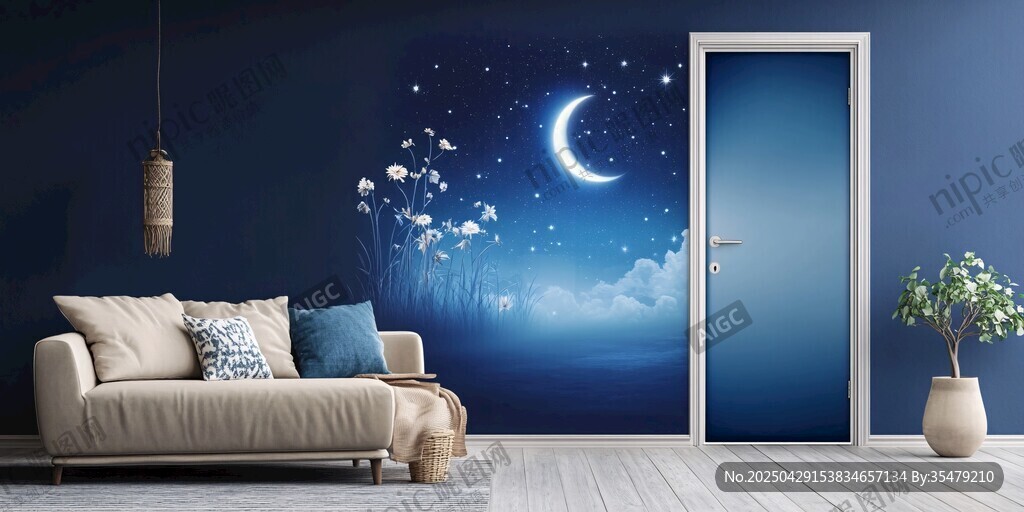 夢幻月夜客廳墻面裝飾