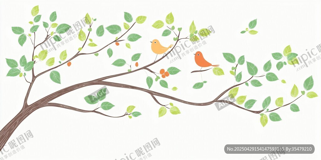 枝頭雙鳥伴綠葉