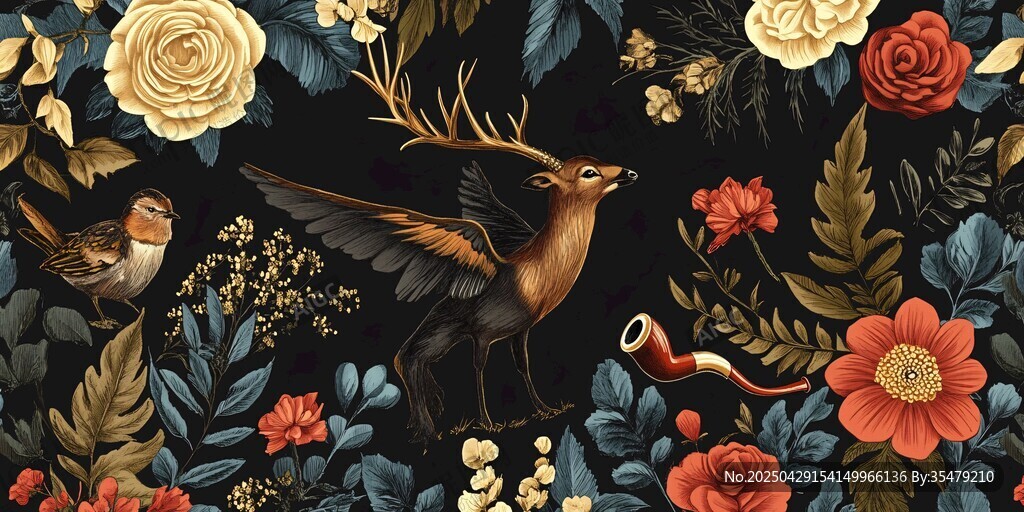 夢幻花鳥鹿復(fù)古風(fēng)插畫