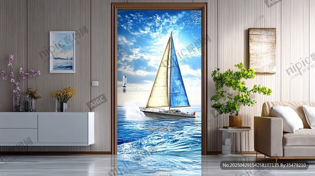 海洋帆船入戶門裝飾畫