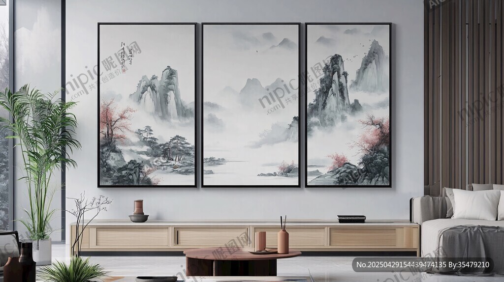 中式客廳三聯山水裝飾畫