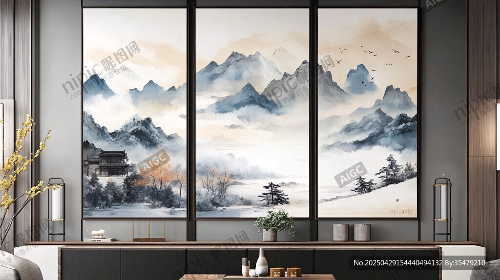 中式山水三聯畫 雅致客廳風