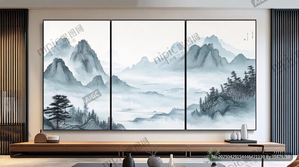 中式山水三聯(lián)裝飾畫