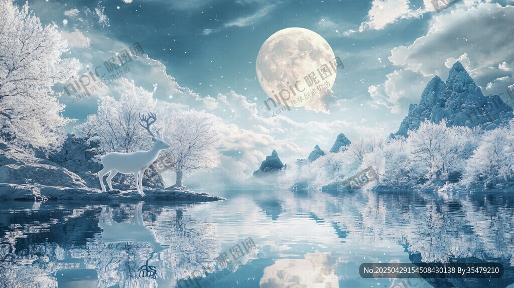 夢幻月夜下的冰雪鹿景