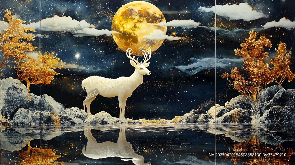月夜白鹿 靜謐夢幻之景