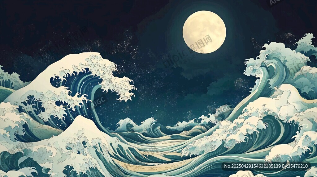 月夜下的洶涌海浪