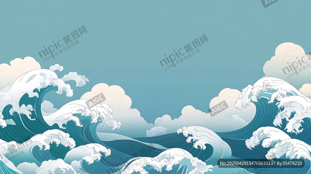 藍色海浪與云朵插畫場景