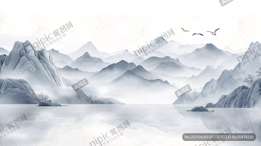 水墨山水間飛鳥悠然景致