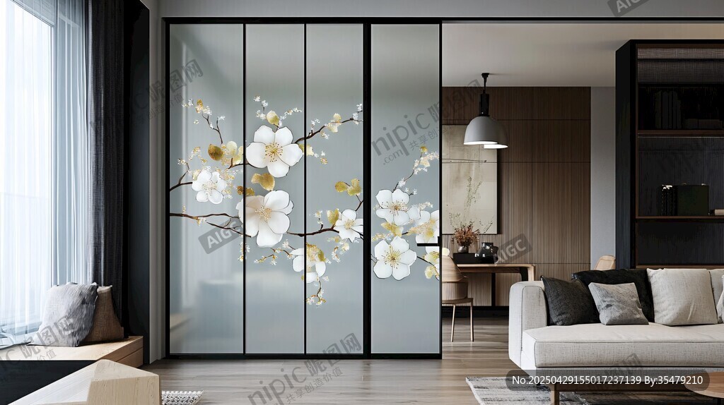 中式花鳥玻璃隔斷客廳美景