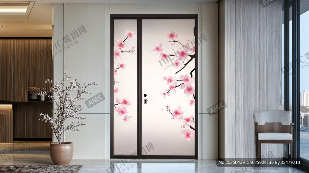 中式桃花圖案玻璃推拉門