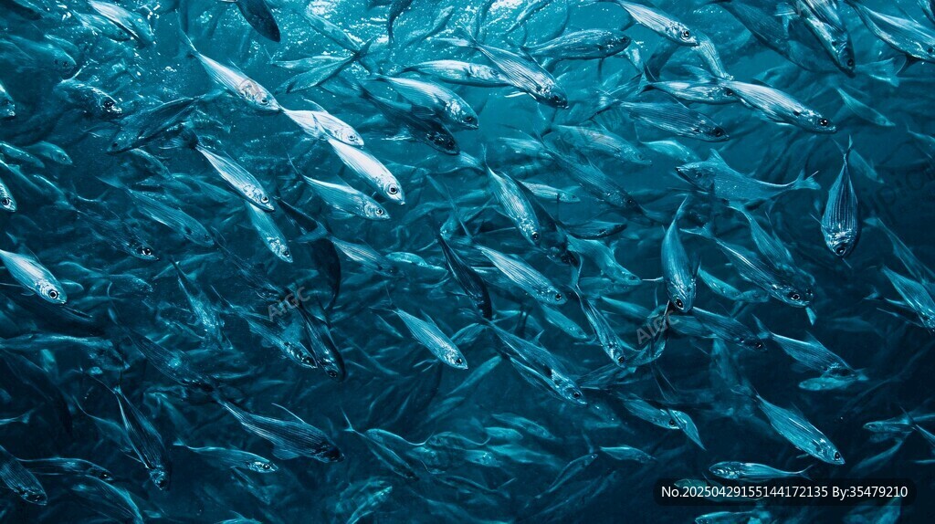 海洋中群游的銀色魚群
