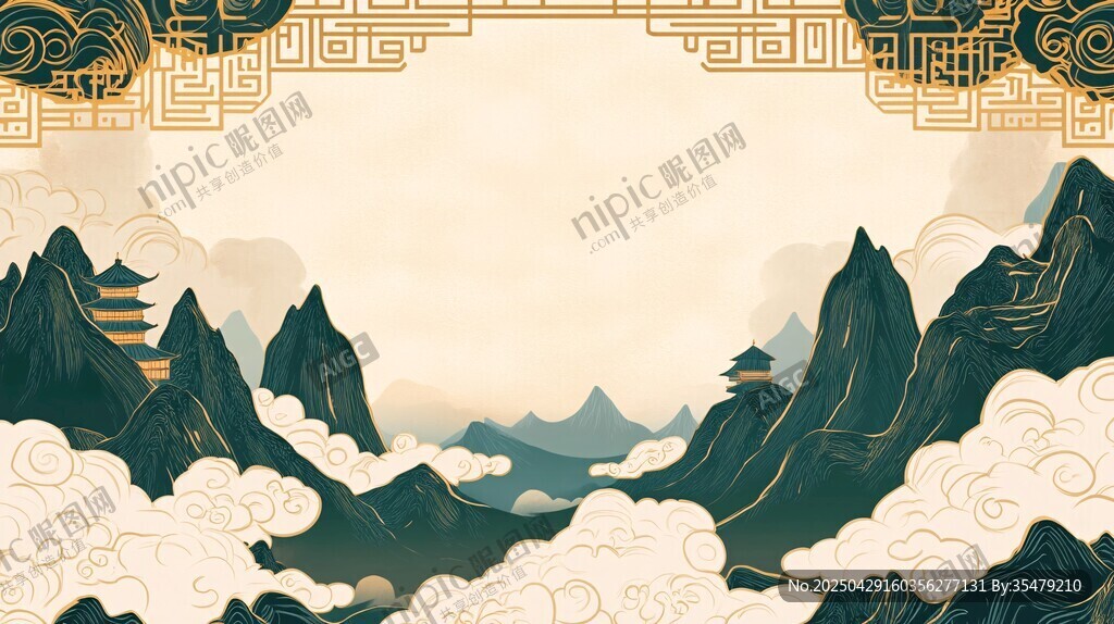 中式山水古韻邊框背景圖