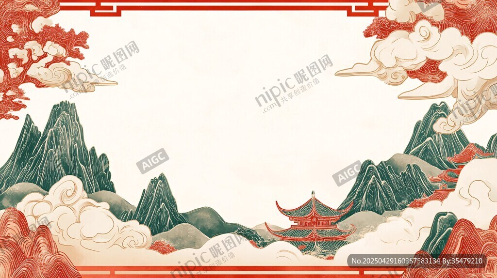 古風山水中式邊框背景圖