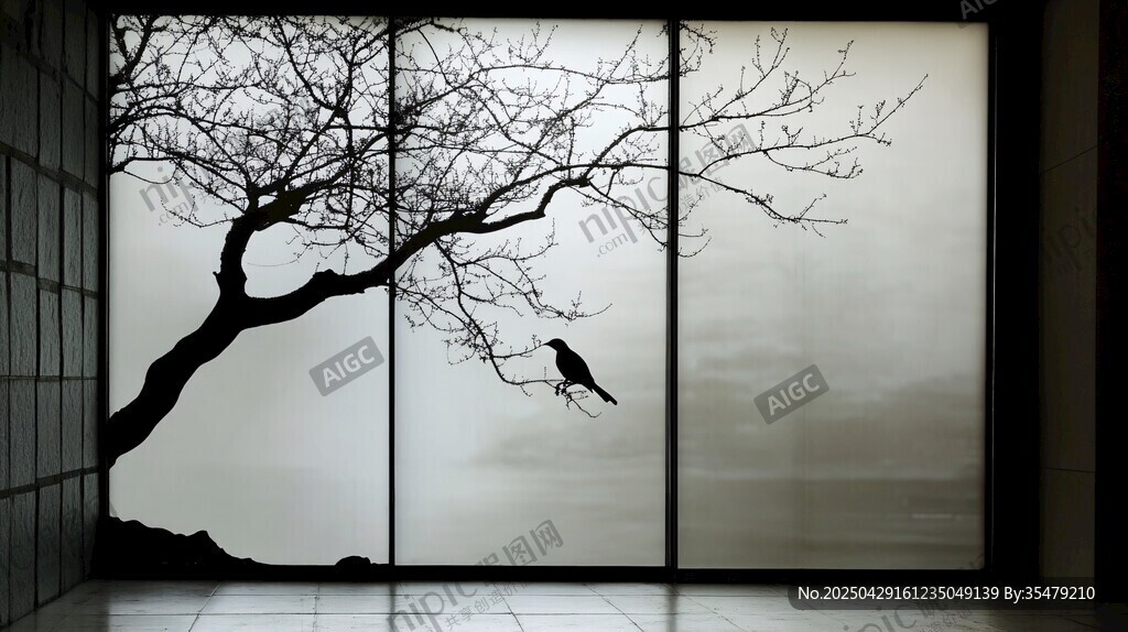 窗畔枯樹棲鳥中式圖景