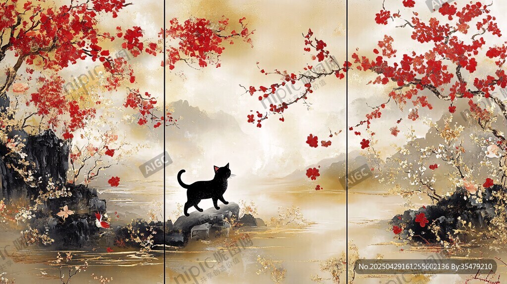 黑貓賞春景中式風情畫