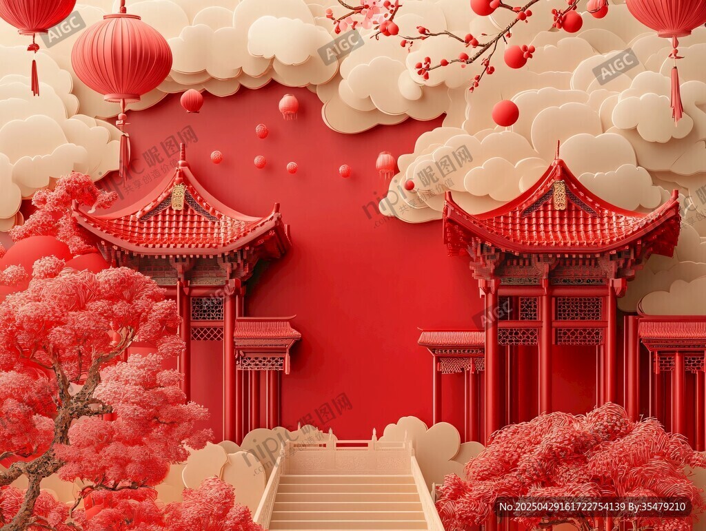 中式喜慶場(chǎng)景 紅亭紅燈瑞景