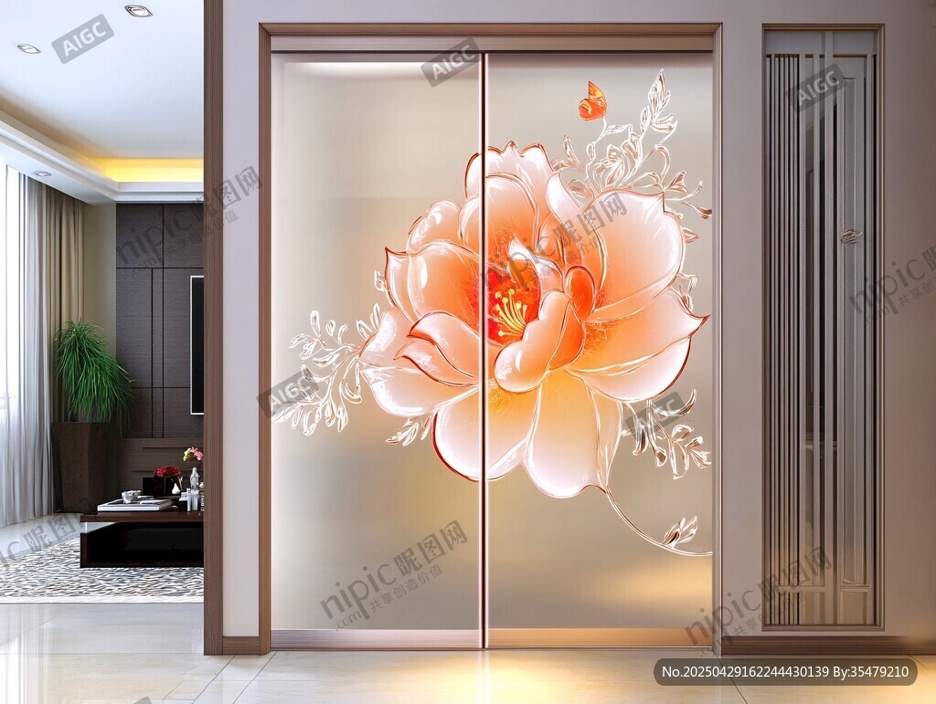 中式牡丹花紋玻璃推拉門(mén)